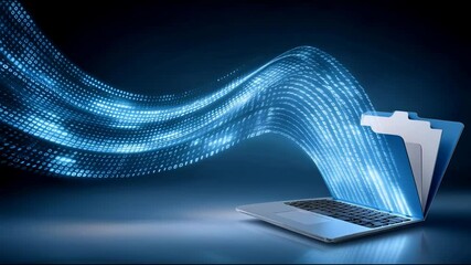 Poster - Digital data stream flowing from laptop folder icon with glowing binary code, technology concept showing file transfer and information sharing