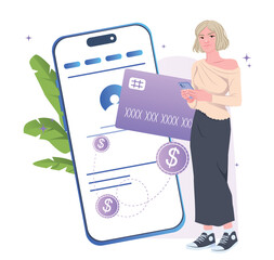 Poster - Woman holding smartphone near a large phone screen showing a banking app interface with credit card and dollar icons, flat style on white background. Concept of online payments. Vector illustration