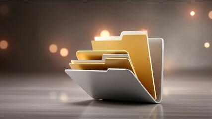 Poster - Golden and silver folder icon glowing with soft bokeh lights symbolizing digital data organization and file management in warm, reflective atmosphere