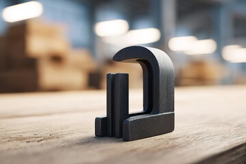 Poster - Unique metal tool rests on wooden surface in an industrial setting during daytime with blurred background