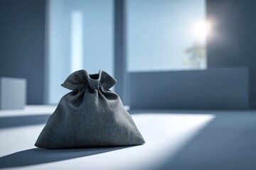 Poster - Grey fabric bag rests on the floor in a sunlit modern interior space during daytime