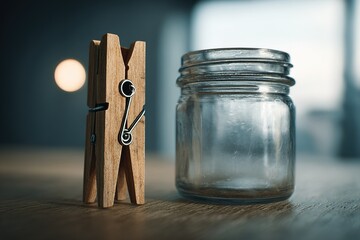 Poster - Wooden clothespin stands beside an empty glass jar on a wooden table with soft lighting in the background
