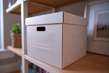 Poster - Storage box on wooden shelf in a bright room with greenery and framed pictures