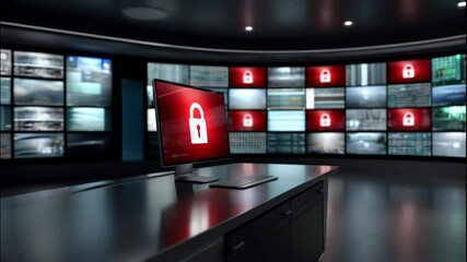 Poster - Cybersecurity concept with computer monitor showing red lock icon in modern control room displaying data and security alerts for control room security