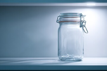 Poster - Clear glass jar resting on a shelf illuminated by soft light in a minimalist setting