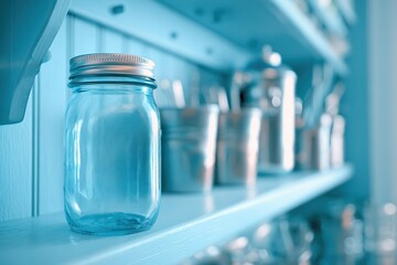 Poster - Clear glass jar on a light blue shelf surrounded by various metal containers in a modern kitchen setup
