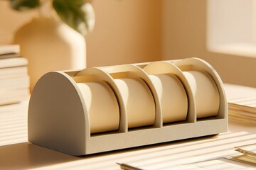 Poster - Stylish and minimalist desk organizer holding rolled documents in a bright workspace