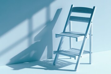 Poster - Simple wooden ladder cast in soft blue light against a light blue wall creating delicate shadows in a calm interior setting