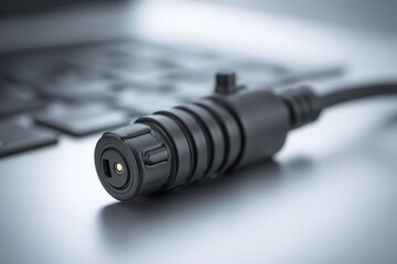 Aufkleber - High-quality black connector on a sleek metallic surface near a computer keyboard showing modern technology in use