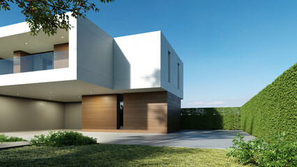 Poster - Modern house, Minimal architecture with lawn grass and concrete garage driveway, 3d rendering of luxury property building