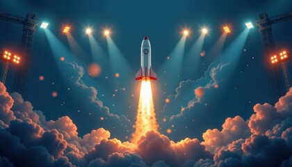 Poster - Rocket Launch Event Space Station Digital Art Cloudy Environment Dramatic Viewpoint Futuristic Concept