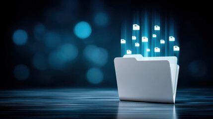 Poster - Digital folder with glowing file icons representing data transfer and storage in futuristic blue environment