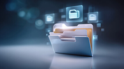 Poster - Digital folder with glowing file icons floating above, symbolizing data storage and organization in futuristic style