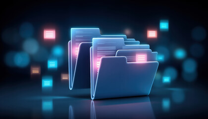Poster - Digital folder icon with glowing data files, futuristic technology concept with neon light effect and dark background