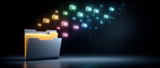 Poster - Digital folder with glowing file icons flying out, symbolizing data transfer and digital storage in dark background