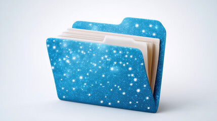 Poster - Blue folder with glowing star pattern and white documents inside on white background, bright and clean office concept