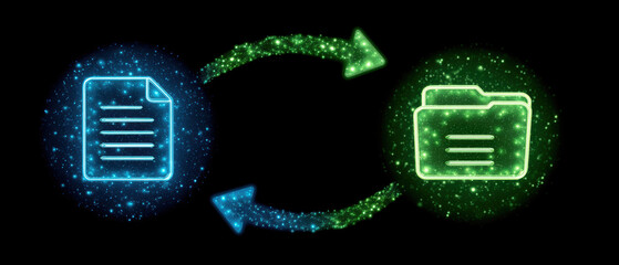 Poster - Glowing digital icons of document and folder connected by arrows symbolize data transfer and file management in futuristic style