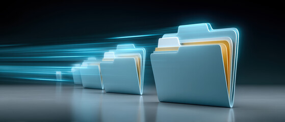 Poster - Digital folder with glowing edges representing fast data transfer and technology innovation in dark background with motion blur effect