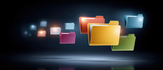 Poster - Colorful digital folder icons floating in dark space with glowing effect representing data organization and technology