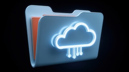 Poster - Cloud folder icon with glowing neon effect and digital data transfer concept on dark background