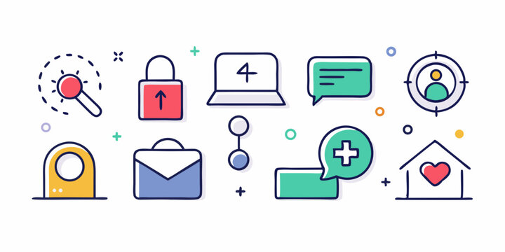 Collection of Colorful Line Icons Security, Communication, and Home