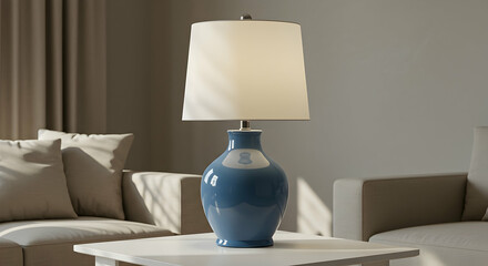 Poster - Blue Ceramic Table Lamp with White Lampshade on White Table