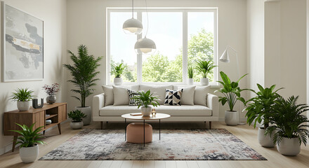 Aufkleber - Bright Minimalist Living Room with Abundant Greenery and White Sofa