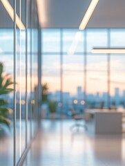Poster - Beautiful blurred background of a light modern office interior with panoramic windows and beautiful lighting.