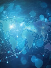 Poster - light blue background with a digital world map and global network connections, representing the concept of international business or connectivity