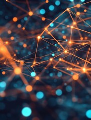 Poster - Abstract tech network data connections with orange, blue glowing dots, lines. Artificial intelligence neural network, machine learning, cloud computing concept. Digital transformation strategies,