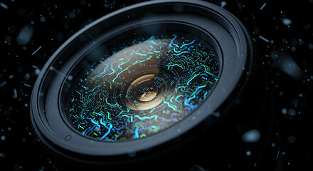 Poster - Close-up View of a Camera Lens with Blue and Green Particles