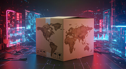 Poster - Global Shipping Concept: Cardboard Box with World Map on Digital Background