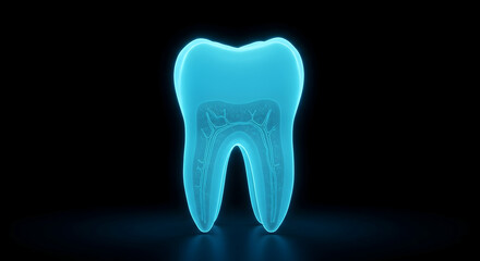 Poster - Glowing Blue Pixelated Tooth 3D Render