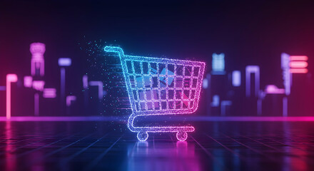 Poster - Glowing Neon Shopping Cart Icon in a Futuristic Cityscape