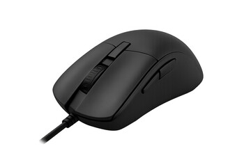 Poster - Modern black wired ergonomic mouse isolated on transparent background, perfect for graphic design projects