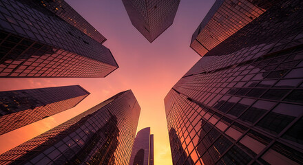 Poster - Low Angle View of City Buildings at Sunset