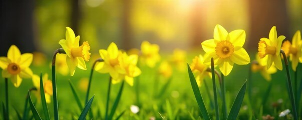 Wall Mural - Vibrant yellow daffodils blooming in a lush green spring meadow, bathed in warm sunlight Perfect for spring themes, Easter, and nature imagery , springtime flowers, yellow