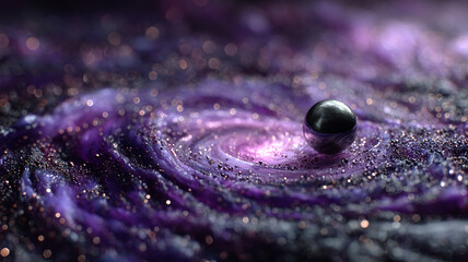 Wall Mural - Shiny black sphere rests in swirling purple visuals with light and shadow creating cosmic and mysterious atmosphere full of depth and sparkle