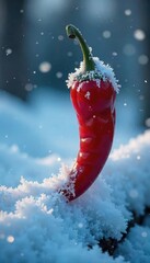 Wall Mural - a chilling winter scene, icy frost clinging to a fiery red chili pepper, juxtaposing warmth and cold
