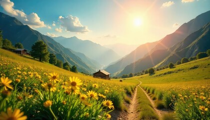 Wall Mural - A vibrant, sun-drenched landscape ready for adventure Golden sunlight bathes the scene, promising a warm and joyful day Perfect for travel, summer, or vacation themes , positive, nature