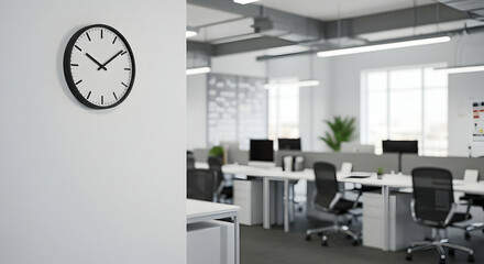 Poster - Modern Minimalist Office Interior with White Walls and Gray Desks