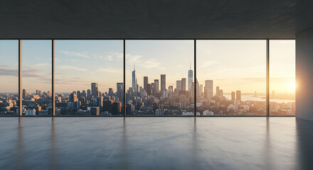 Poster - Modern Office with Panoramic City Skyline View at Sunset