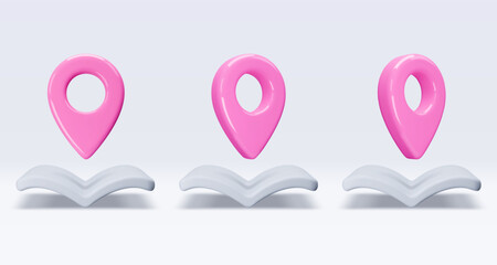 Poster - Set pink location pointer om map, book, placemark, marker of map, navigation pin sign. 3d GPS icon. Sign for searching on map direction. Vector render illustration isolated on white background