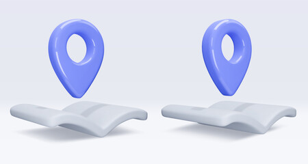 Poster - Set blue location pointer om map, book, placemark, marker of map, navigation pin sign. 3d GPS icon. Sign for searching on map direction. Vector render illustration isolated on white background