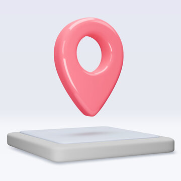 Red location pointer om tablet, placemark, marker of map, navigation pin sign. 3d GPS icon with shadow. Sign for searching on map direction. Vector render illustration isolated on white background
