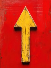 Poster - yellow wooden arrow pointing upwards on red background. business and market growth concept.