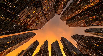 Poster - Orange and Yellow Sunset Over City Skyscrapers