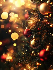 Wall Mural - blurred festive christmas tree background with golden and red lights and decorations : generative ai