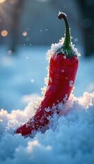 Wall Mural - a chilling winter scene, icy frost clinging to a fiery red chili pepper, juxtaposing warmth and cold