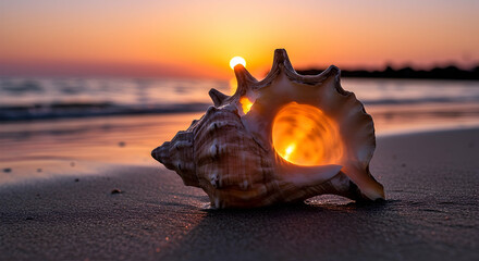 Aufkleber - Seashell Glowing at Sunset on a Sandy Beach